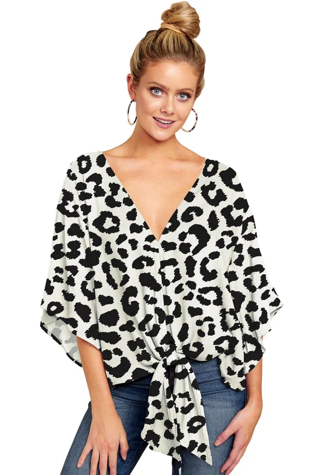 New V Neck Blouse Women Leopard Print Shirts Floral Tie Front Blouses Batwing Summer Oversize Ladies Tops Style L - Shop at LoveMi