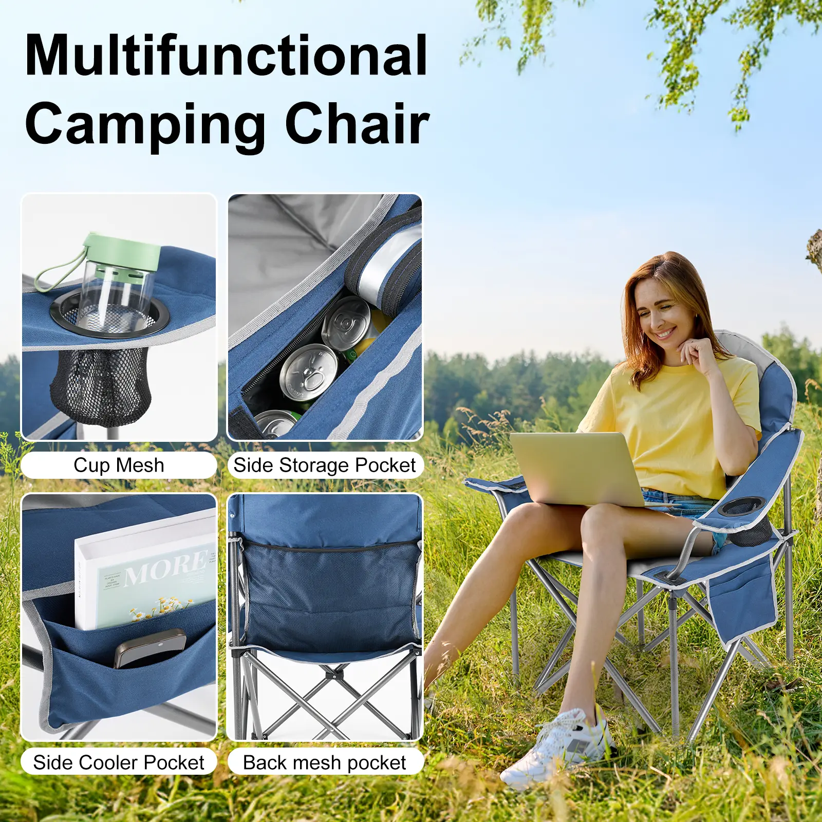 Oversized Camping Folding Chair, Heavy Duty Padded Chair With Cup Holder Storage And Cooler Bag, 5000 LBS Steel Frame, Portable For Outdoor