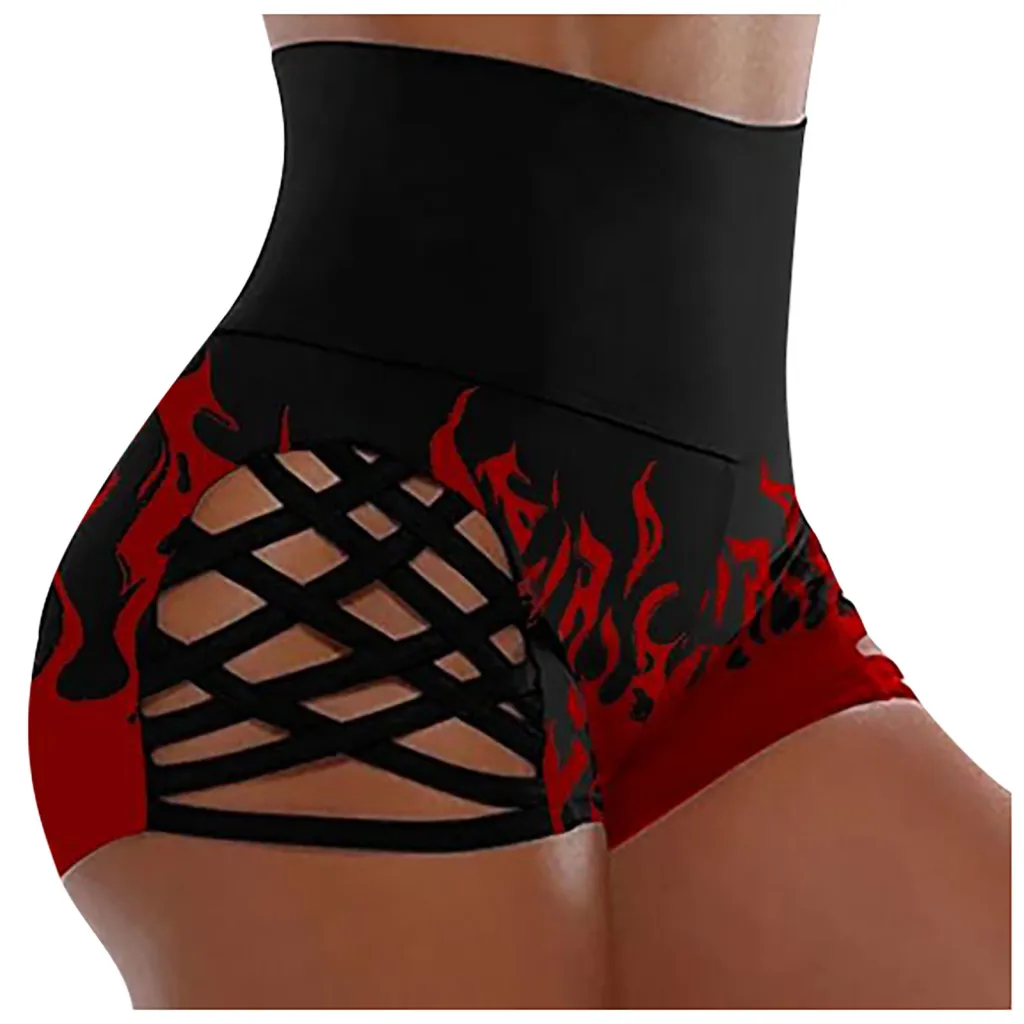 Women's High Waist Printed Pants Cross Cutout Tight Yoga Shorts - Red