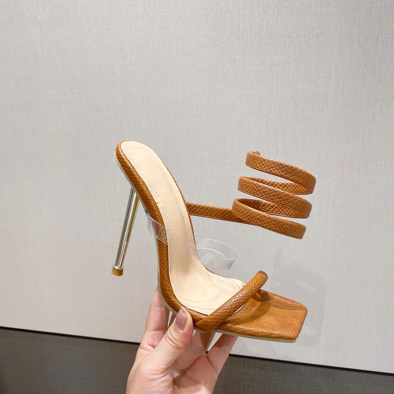 Roman Snake Winding Sexy Square Toe Metal Stiletto Sandals Brown - Shop at LoveMi