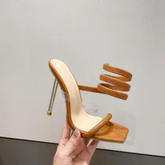 Roman Snake Winding Sexy Square Toe Metal Stiletto Sandals - Brown - View 1