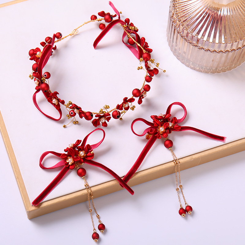 Red Hair Pin Flower Hair Clips Earrings Set Women Headdress