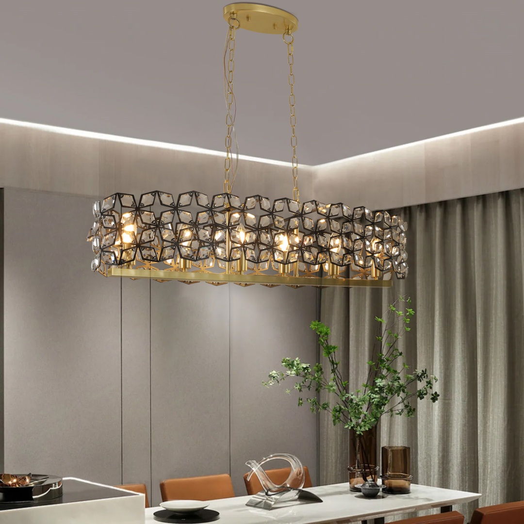 39  Contemporary Crystal And BlackGold Pendant Chandelier -Geometric Modern Light Fixture For Dining Room, Kitchen, Or Living Room  Bulb Not Included