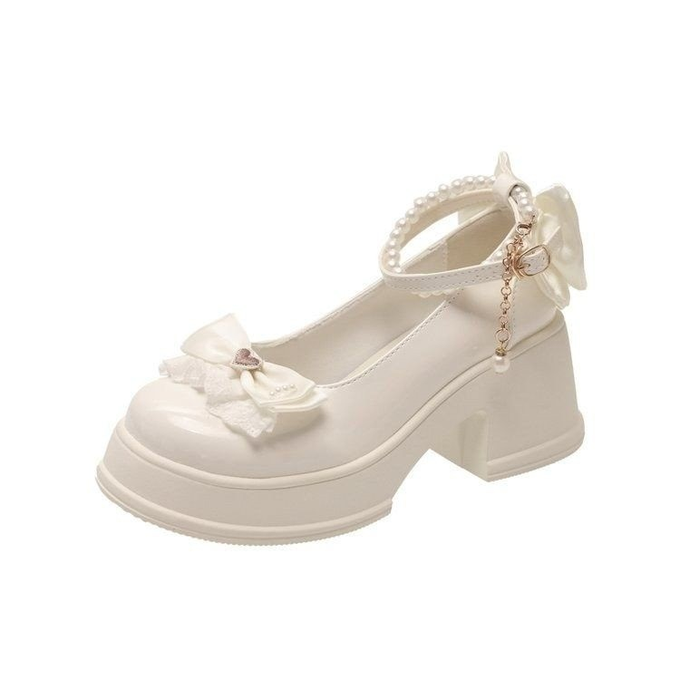 Sweet Pearl Bow Platform Mary Janes 2026 New Lolita Style Chunky Heel Pumps