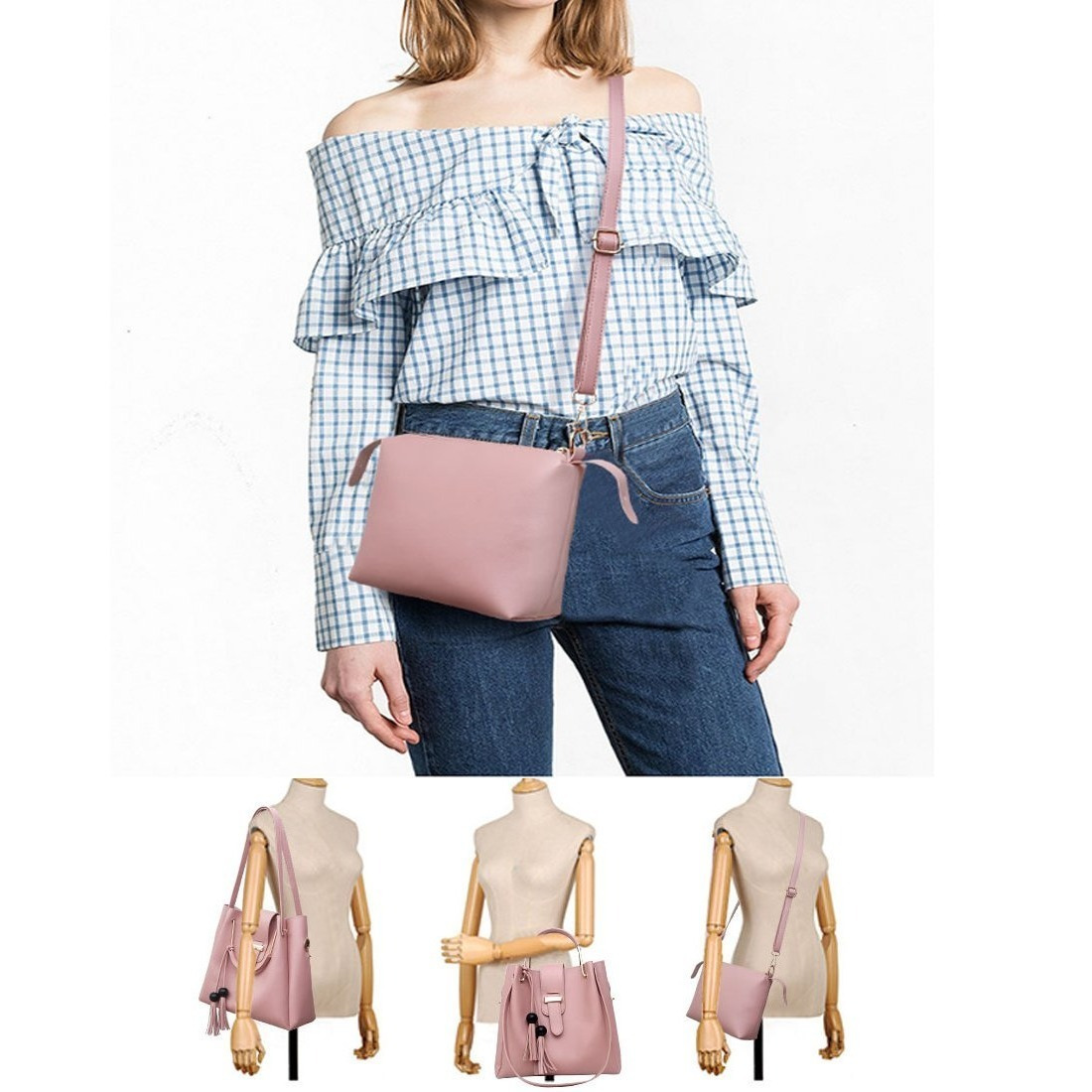 Womens Purse And Handbag 3Pcs Bag Set Tassel Tote Clutch Satchel Top Handle Shoulder Bag