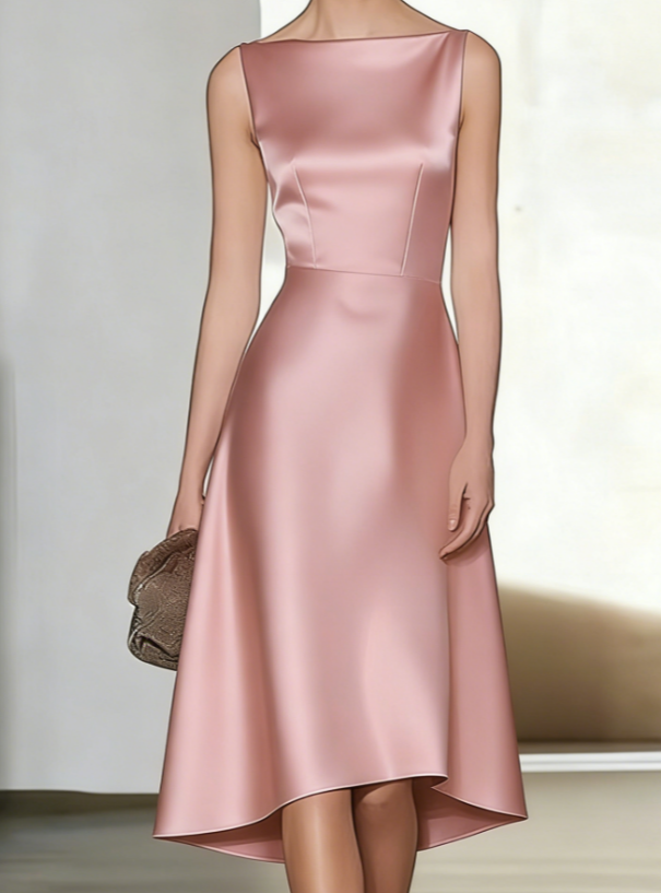 Satin Off-the-shoulder Sleeveless Fitted Waist Asymmetrical Full Skirt Dress