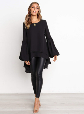 Title 3, Round Neck Lantern Sleeve Irregular Ladies Top