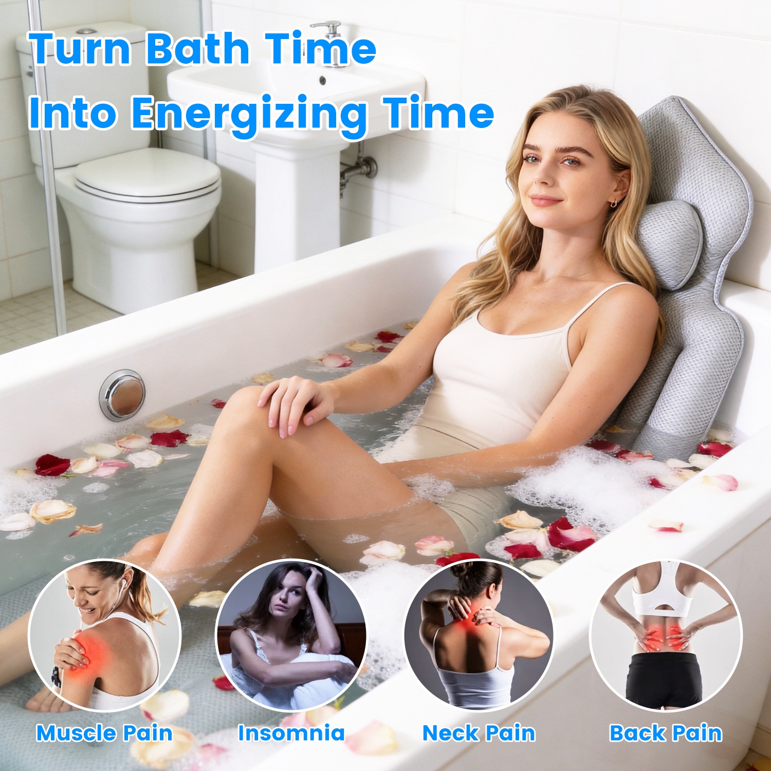 1Pc Full Body Bath Pillow With Headrest Lumbar Support Quick-Drying Bathtub Cushion With Breathable 4D Honeycomb Mesh Cushion Nonslip Machine Washable