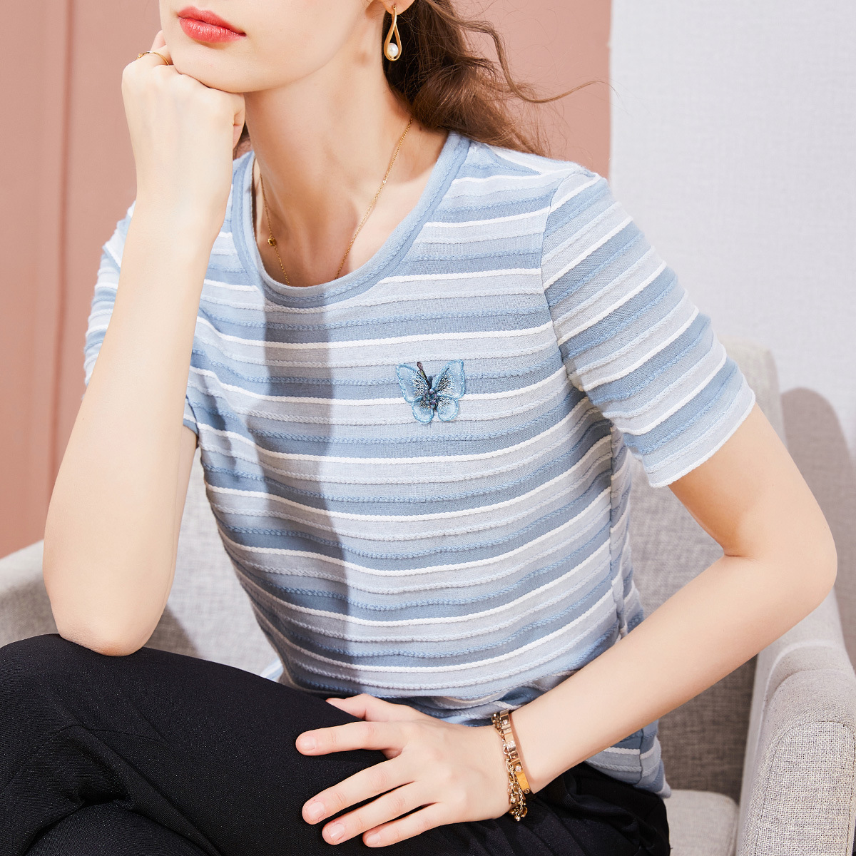 Title 2, Striped T-shirt Round Neck Butterfly Embroidere...