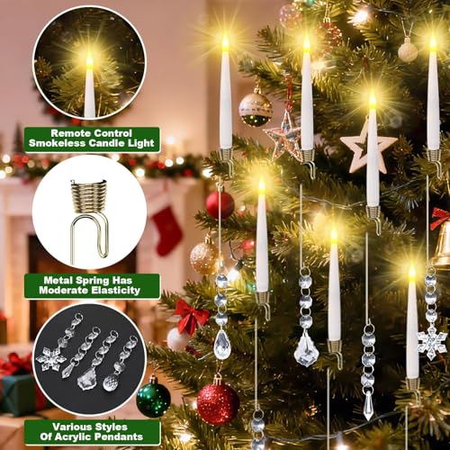 12pcsChristmas Tree Candle Flameless Taper Window With HookAcrylic Pendant Design, Taper Window Candle, Spring Hook Attached, Indoor Holiday Decor, Flameless Safe 5