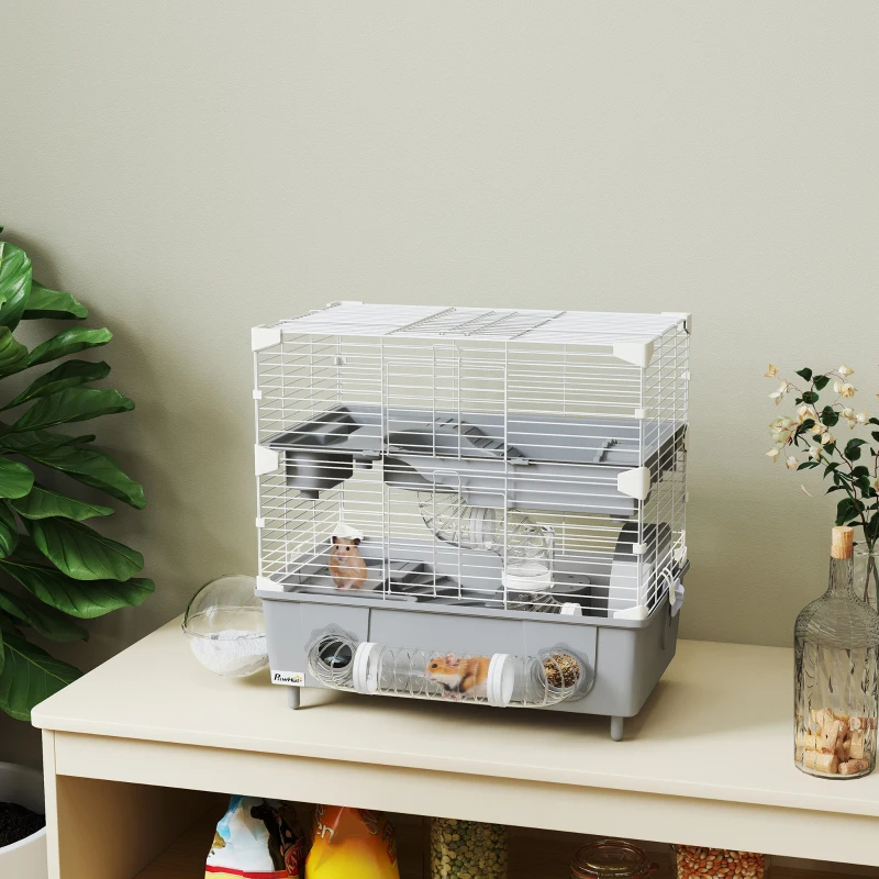 2-Tier Hamster Cage With Sand Bathroom, Running Wheel, Water Bottle, Tubes, Accessories, For Hamster, Gray