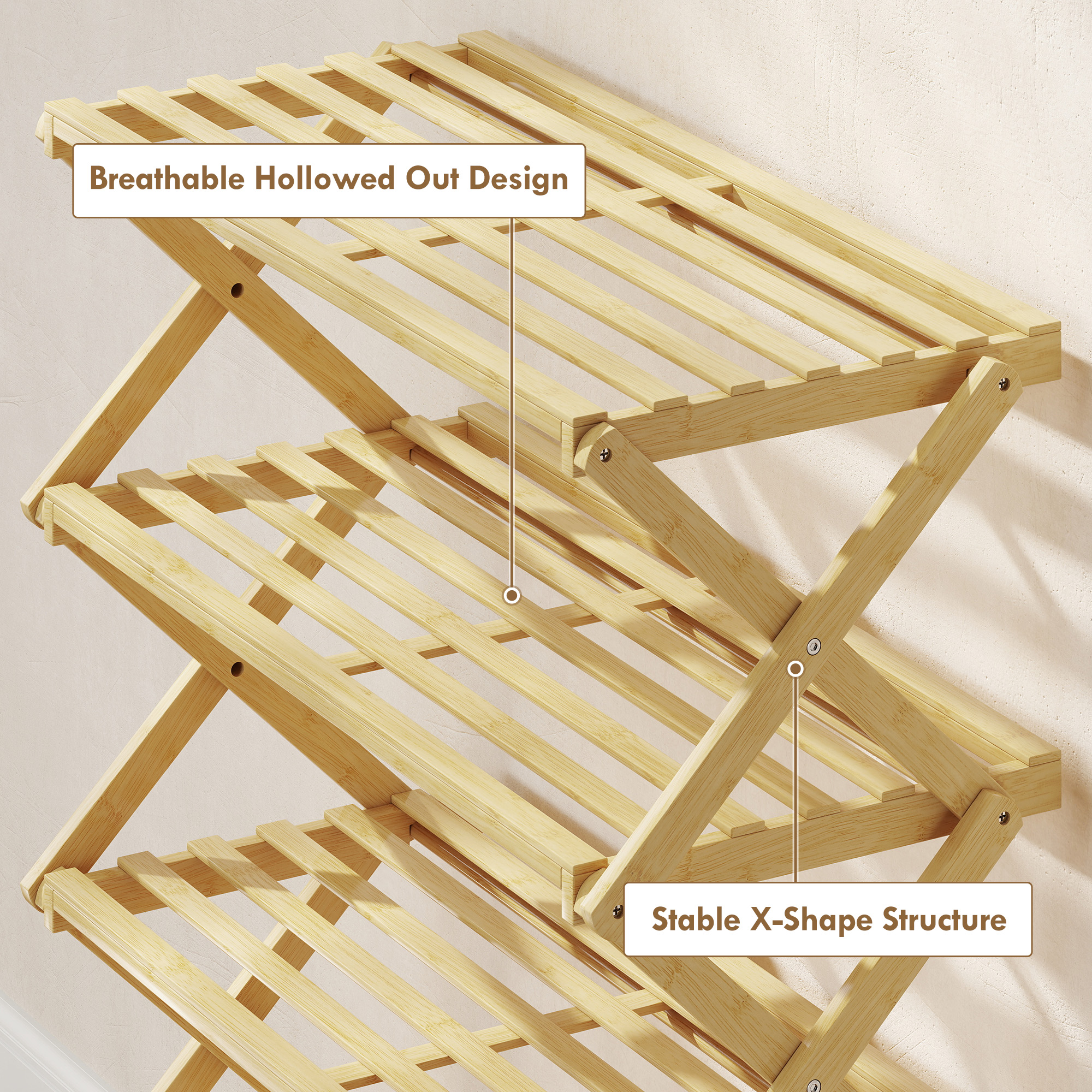 Three Layer Folding Bamboo Shoe Rack - Natural Color — image 10