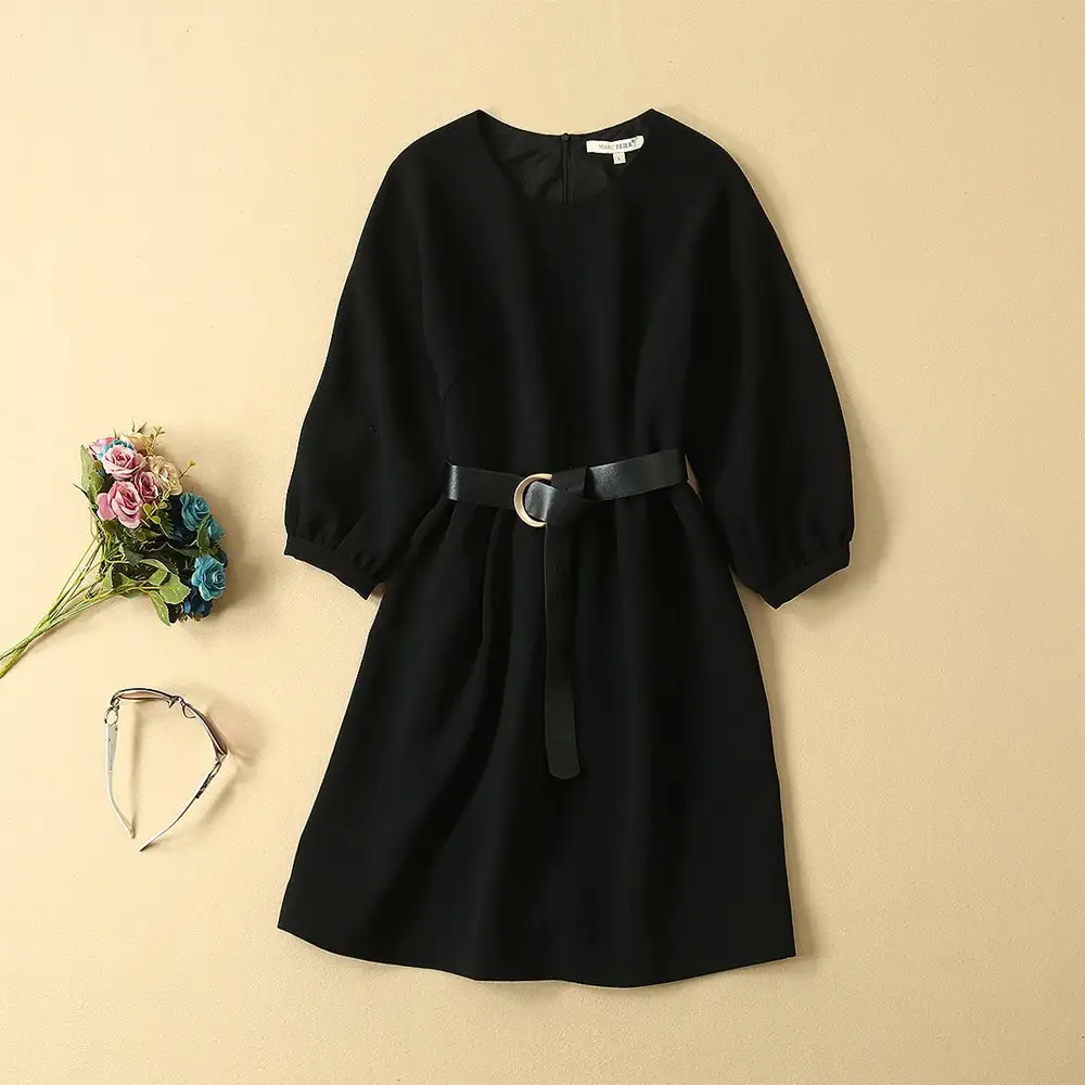 New Women's Round Neck Lantern Sleeve Waist Hem Black Dress