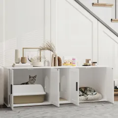 Cat Litter Box Enclosure With Double Room, Scratching Mat For 2 Cats, 57 X 19 X 20, White - White - View 1