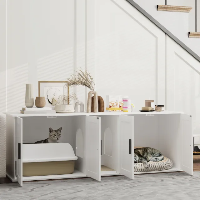 Cat Litter Box Enclosure With Double Room, Scratching Mat For 2 Cats, 57 X 19 X 20, White White - Shop at LoveMi