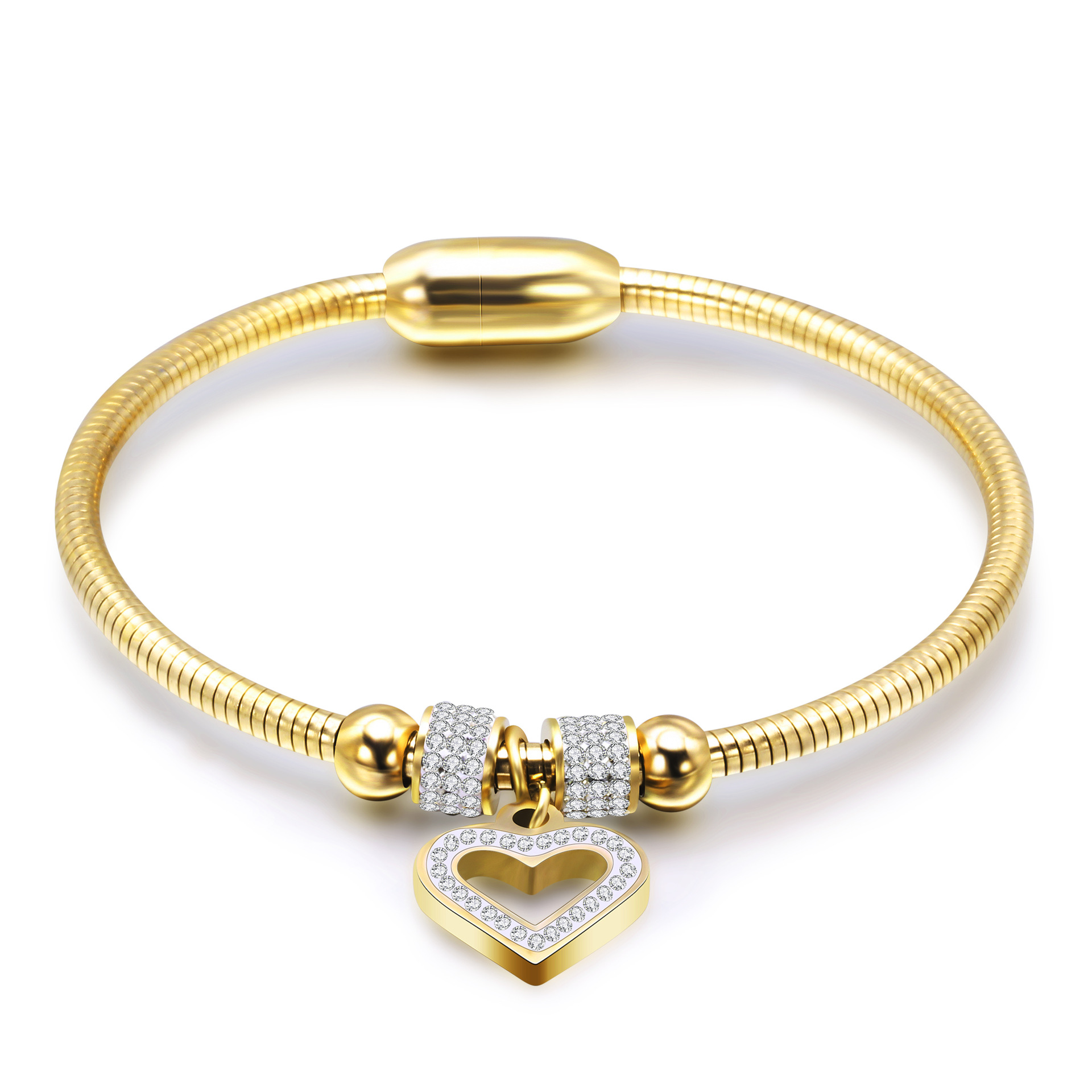 Simple Ins Hollow Diamond Heart Titanium Steel Snake Chain Magnet Buckle Bracelet