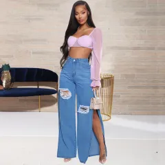 Women's Fashion Ripped High Waist Wide Leg Jeans - Blue - View 1