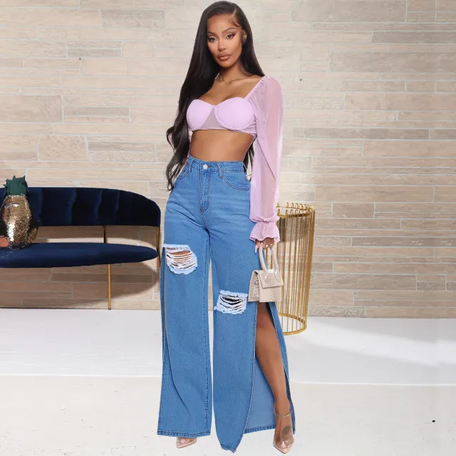 Women's Fashion Ripped High Waist Wide Leg Jeans Blue - Shop at LoveMi