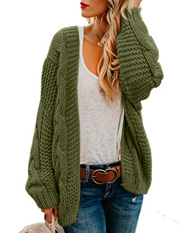 Women's Solid Color Thick Needle Loose Plus Size Knitwear Sweater Twist Cardigan Army Green - Shop at LoveMi