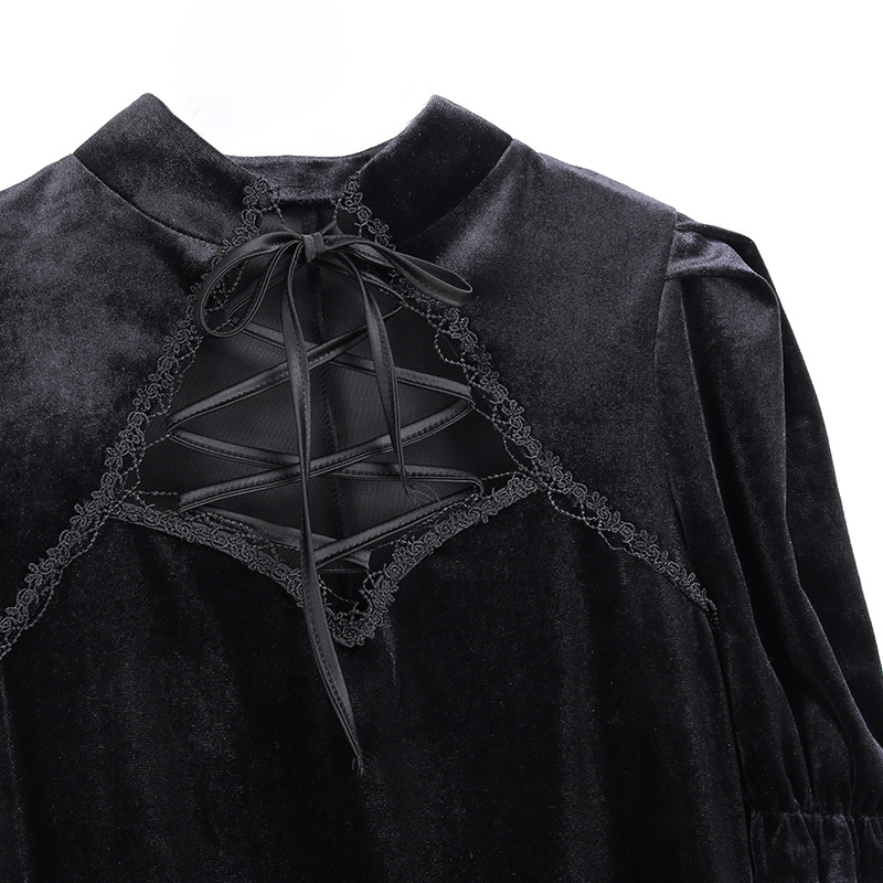 Hollow Tie Stand Collar Puff Sleeve Semi-slit Dress