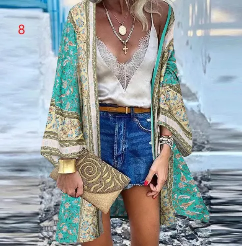 Casual Resort Doll Sleeve Cardigan Print Top Cardigan - 8Color-2Xl