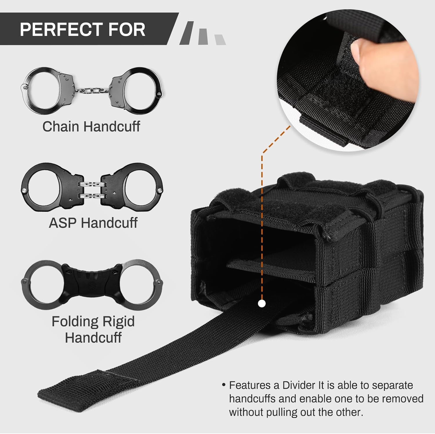 MOLLE Double Handcuff Pouch Holster Universal Handcuff Pouch Made of 1050D Nylon this versatile pouch accommodates nearly any handcuff brand including ASP Hinged Chain and Folding Rigid Handcuffs Also ideal for field compasses tins and other similar items