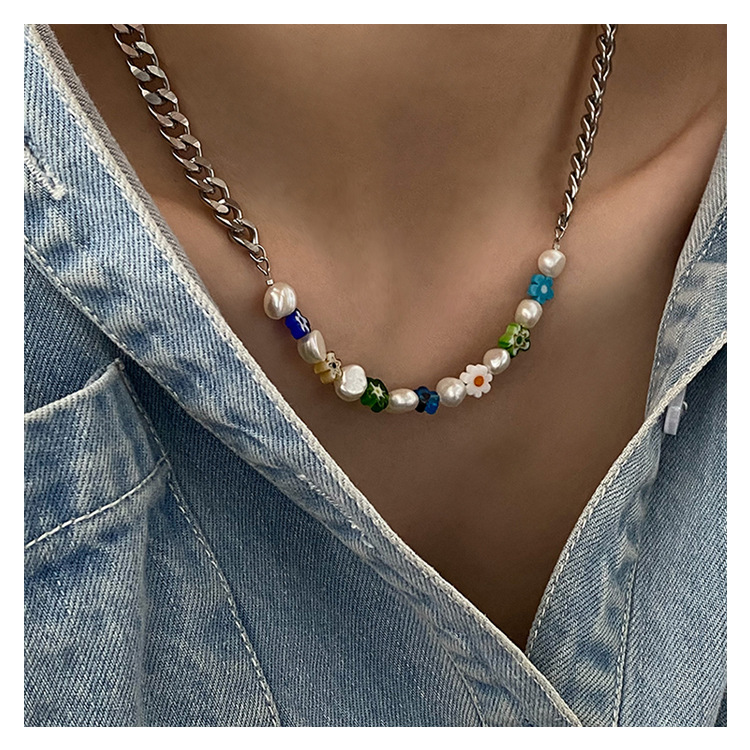 Pearl Colorful Glaze Flower Splice Necklace