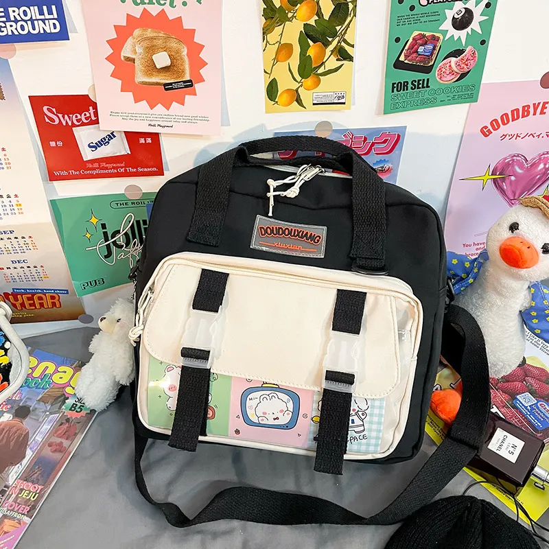 Dual-use Backpack Cute Girl Student Cartoon Contrast Color Backpack - Black