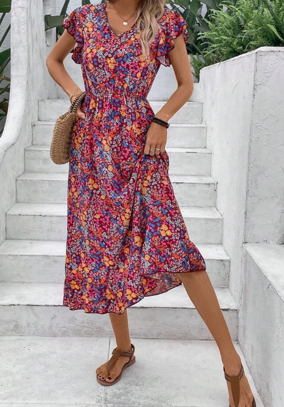 Print V-neck Dress For Women