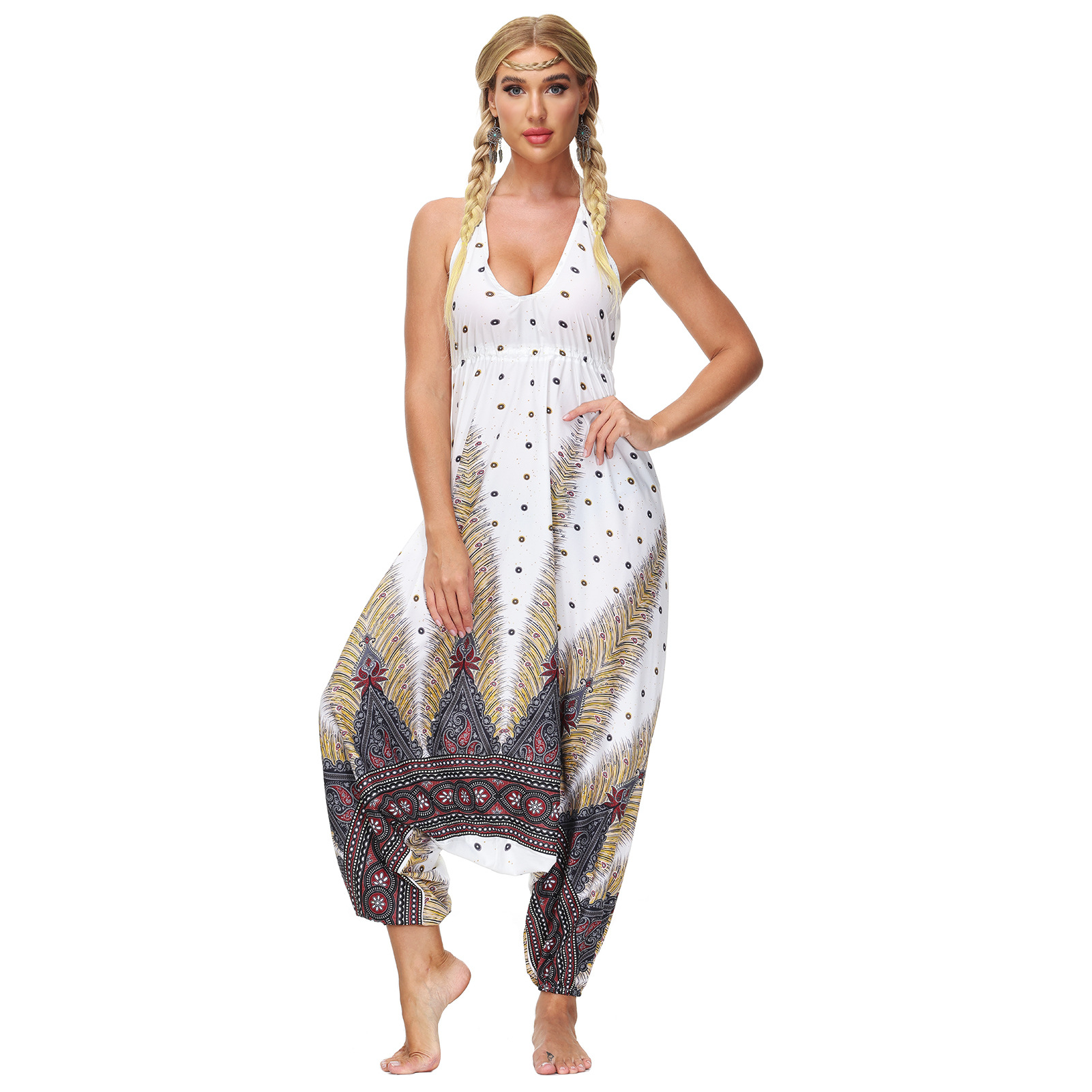 Title 7, Casual Pants Deep V Tie Halter Jumpsuit