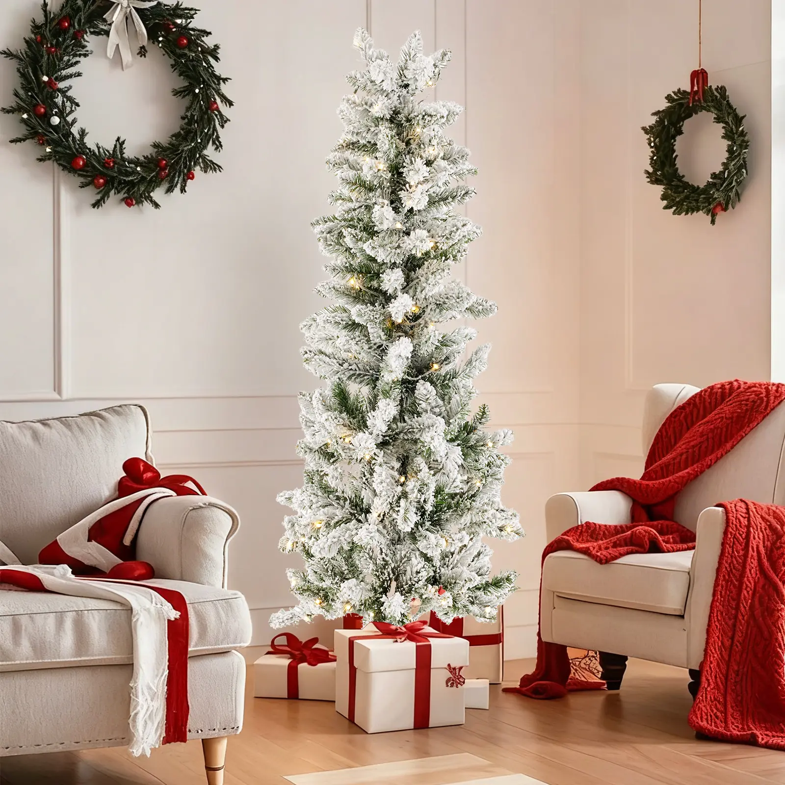 Pencil Christmas Tree, Prelighted Artificial Slim Christmas Trees With 250 Incandescent Lights, 571 Branch Tips & Foldable Base