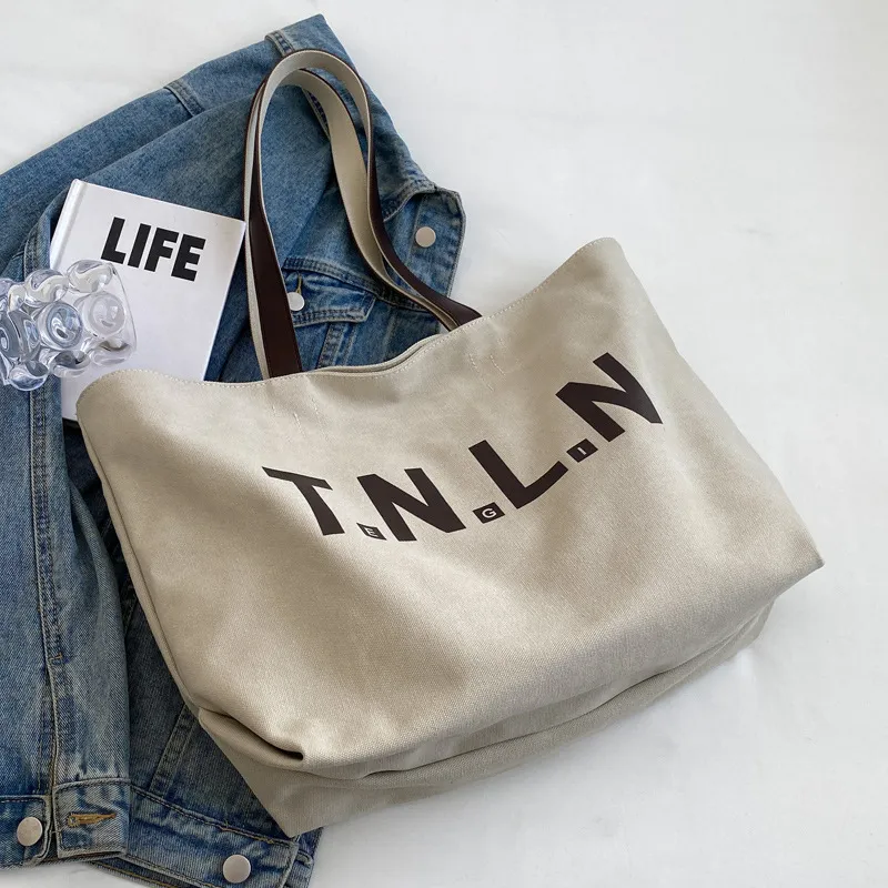 Letter Printed Totes Fashion Large Capacity Canvas Bags For Women All-match Handbag Commuting Shoulder Bag For College Students - White