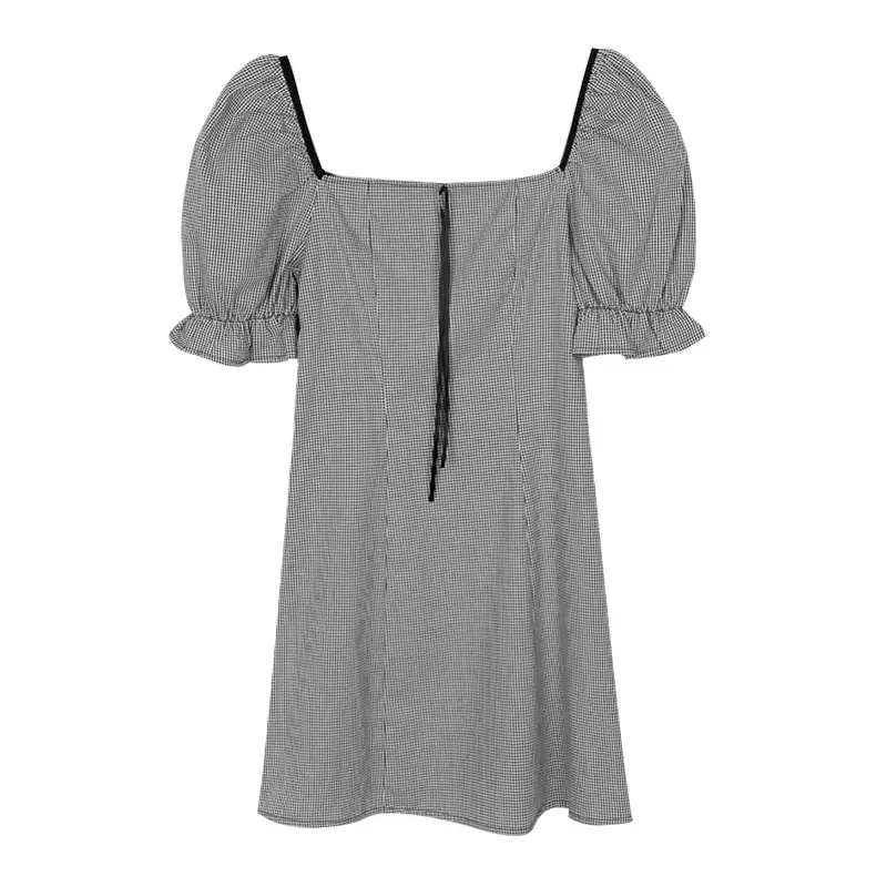 Puff Sleeves Small Square Collar Plaid Dress Women