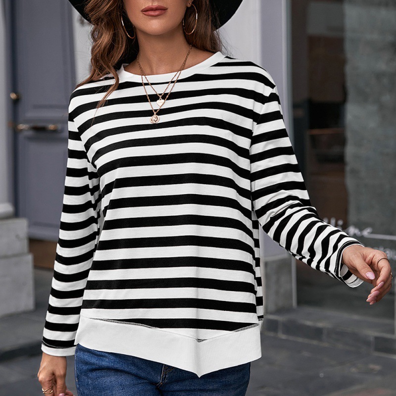 Women's Round Neck Pullover Color Block Bottoming Shirt Top