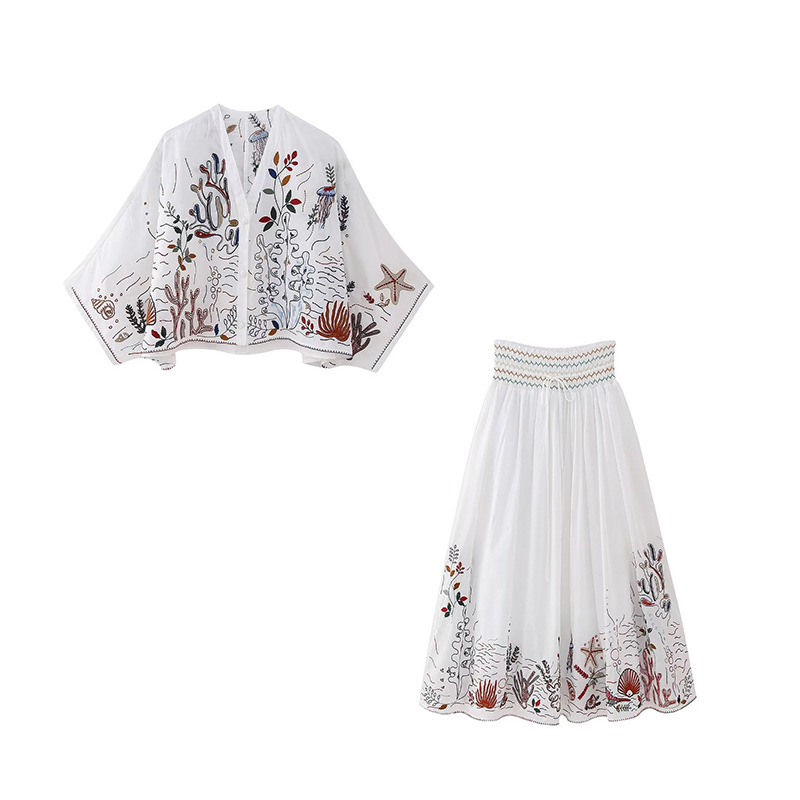 V neck Embroidery Breasted Shirt High Waist Embroidery Skirt Suit Suit S - Shop at LoveMi