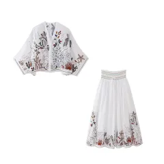 V-neck Embroidery Breasted Shirt High Waist Embroidery Skirt Suit - Suit-Xs - View 1