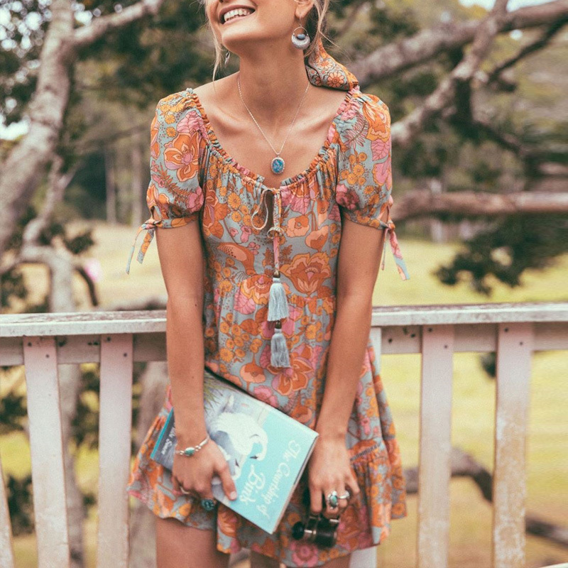 Tassel Short Sleeve Scoop Above Knee Regular Womens Dress