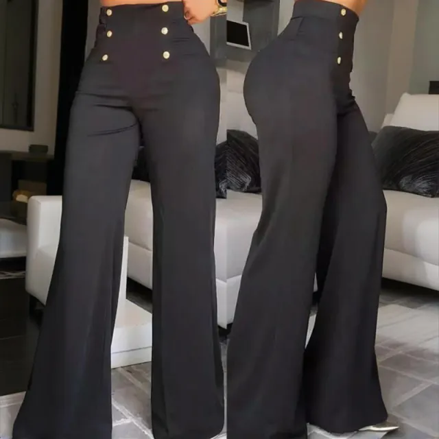 Women's Elegant High Waisted Wide Leg Pants With Double Breasted Buttons Flared Trousers For Casual & Formal Wear Black - Shop at LoveMi