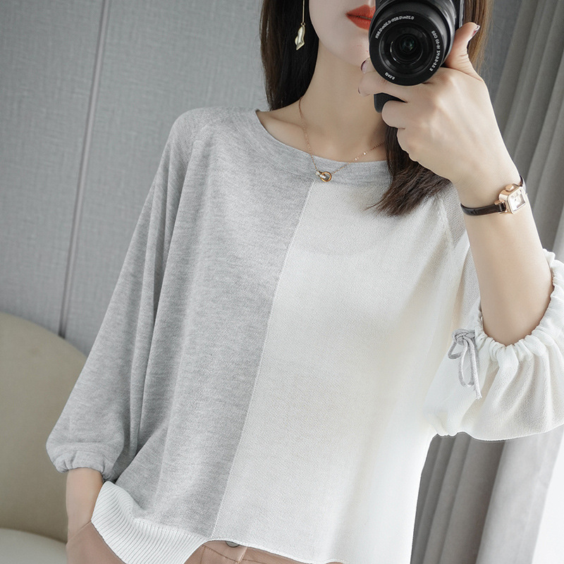 Round Neck Pullover Slim Slimming Shirt Color Matching Drawstring Loose T-shirt