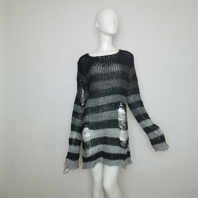 Title 10, Womens Striped Loose Knitwear With Ripped Mid-l...