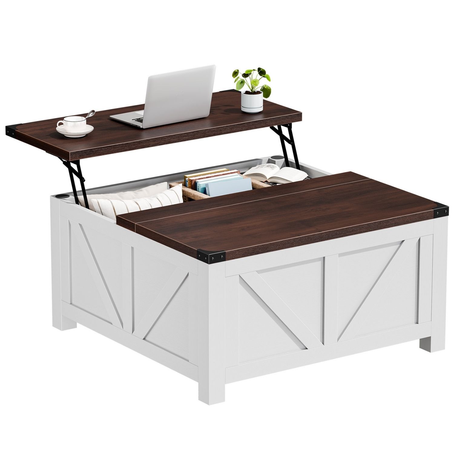 Lift Top Coffee Table With Storage And USB Charging Station, Square Center Table, Hidden Space For Living Room