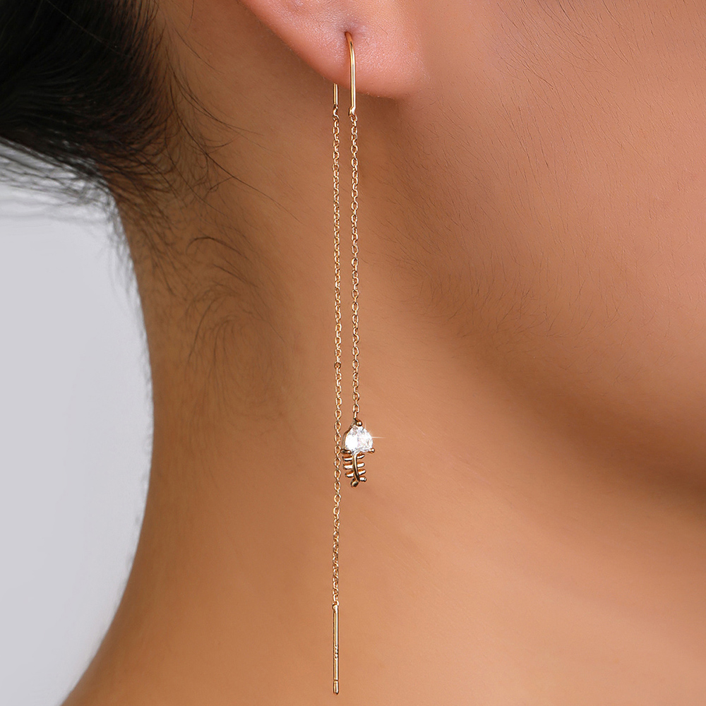 Gold Bronze Fishbone Micro Inlaid Zircon Long Tassel Earrings