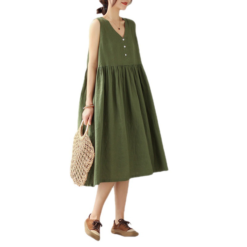 Japanese Cotton Linen V-neck Sleeveless Dress Women.