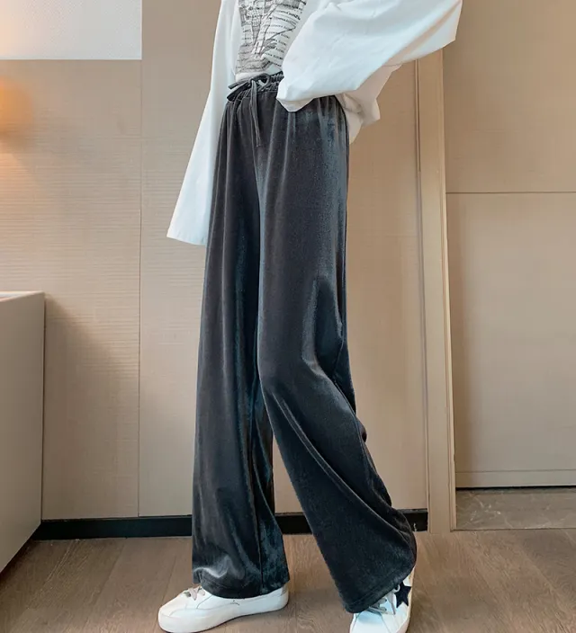 Large Size Gold Velvet Wide leg Pants Women Autumn And Winter Fat Mm High Waist Loose Gold - Shop at LoveMi