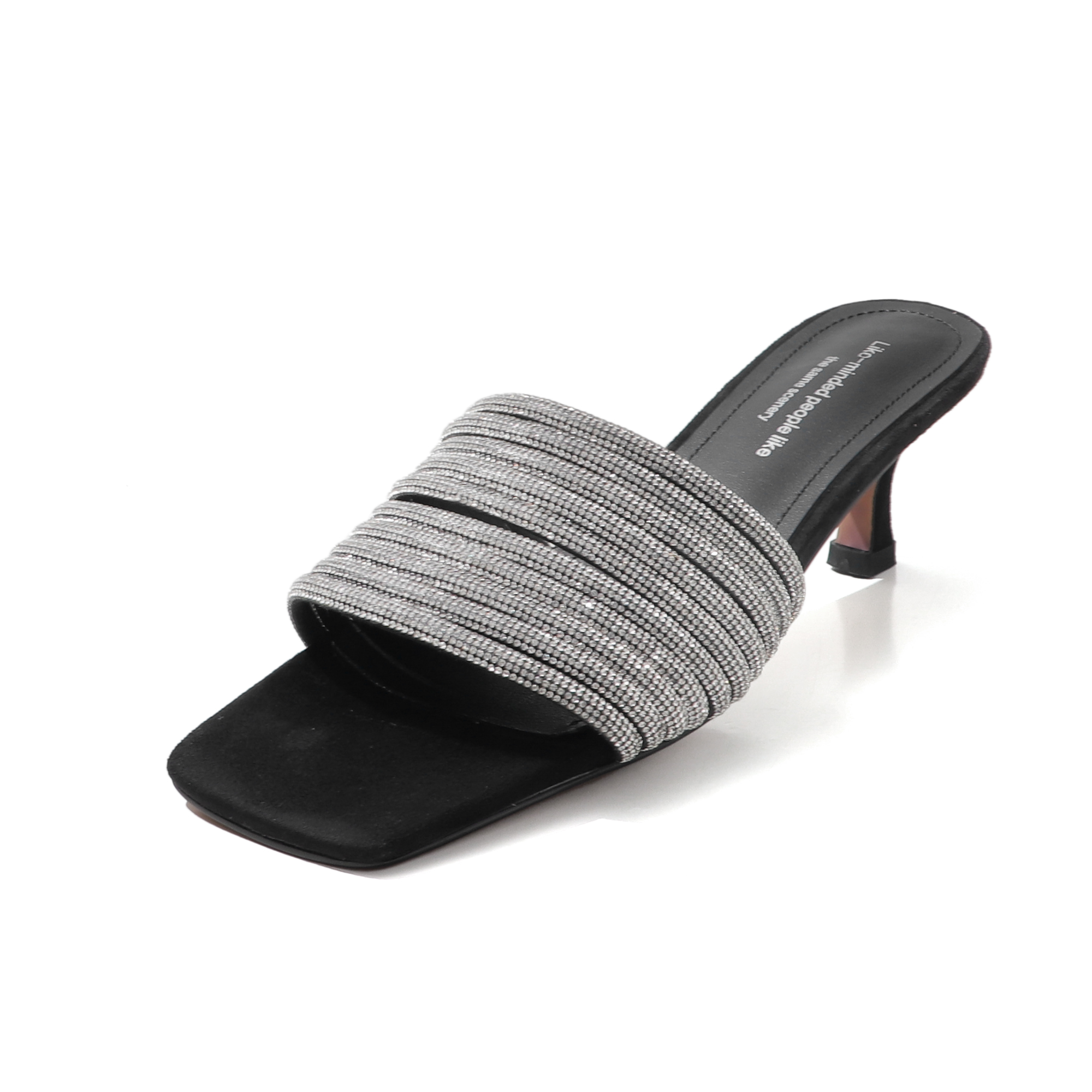 Luxury Handcrafted Rhinestone-Embellished Mule Sandals, Women's Square Toe Kitten Heel Slides With Premium Pigskin Lining