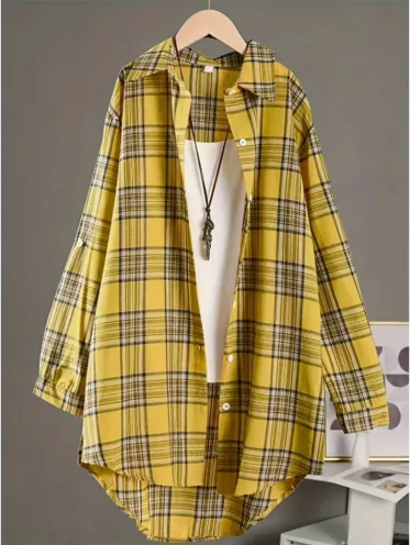Plaid Shirt Women's Long Sleeve Casual Foreign Style Long Fashion Loose Shirt Jacket Yellow - Shop at LoveMi