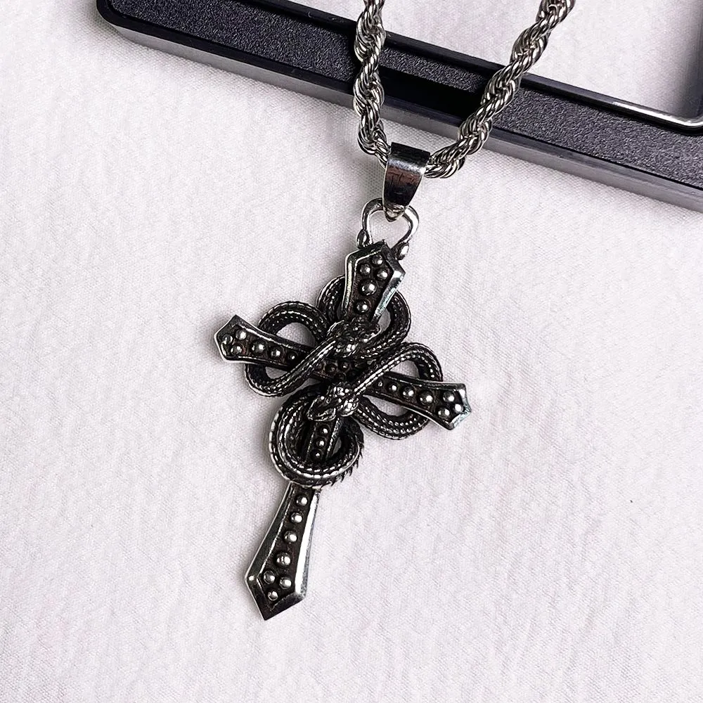 1pcs Vintage Twisted Chain Snake Wrapped Cross Pendant Necklace, Dark Punk Gothic Style, For Men Street Biker Party Wear & Male Holiday Gifts
