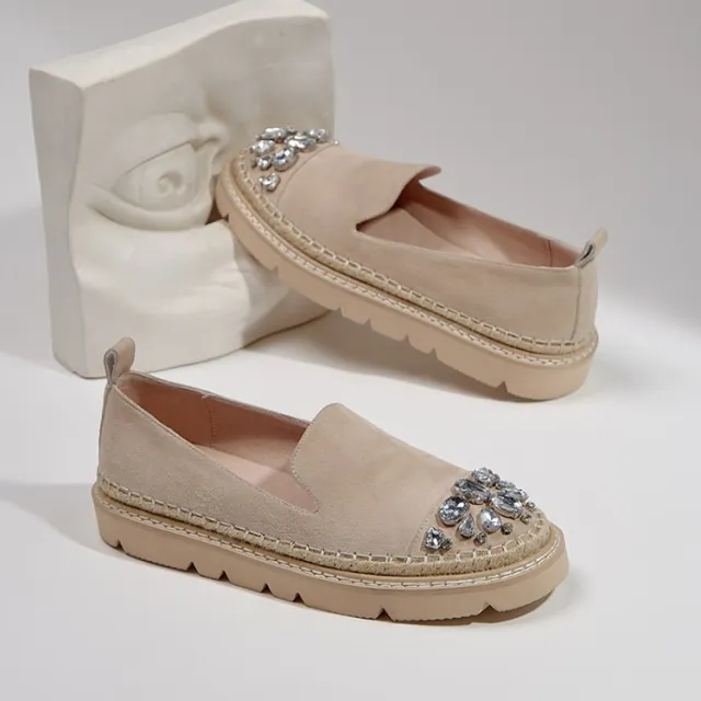 Fashionable Rhinestone Round Toe Comfortable Platform Loafers Apricot - Shop at LoveMi