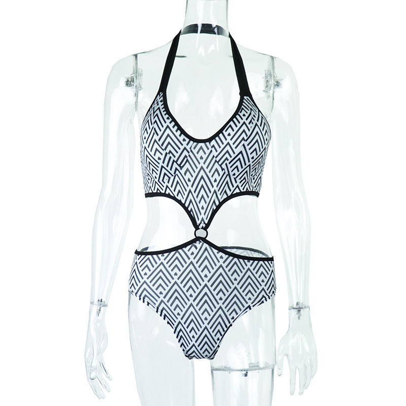 Printed Halterneck Cutout Open waist Bodysuit White - Shop at LoveMi