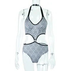 Printed Halterneck Cutout Open-waist Bodysuit - White - View 1